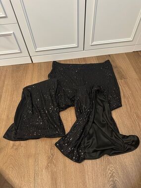 Black Sequin Flare with Slit Pants